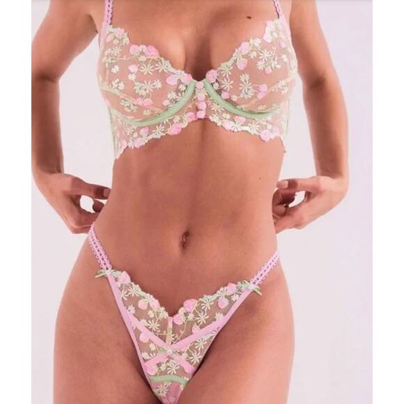 For Love & Lemons Tutti Frutti Shimmer Mesh Floral Embroidered Unlined Bra